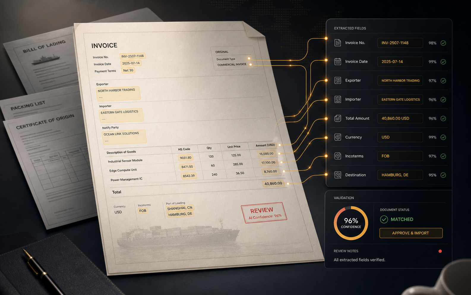Document processing agent for a logistics and customs brokerage firm interface preview